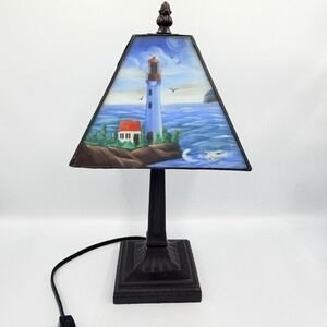 Tiffany Style Lighthouse Lamp Coastal Nautical Beach Cottage Decor Stained Glass